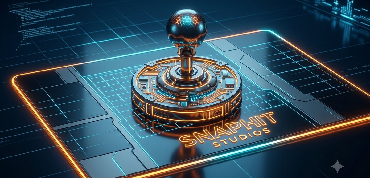 The SnapHit Studios mark: a circuit-plated arcade joystick on a lit deck